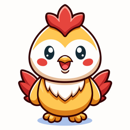 Cartoon chick with red comb and cheeks, small beak, outlined in blackのイラスト素材