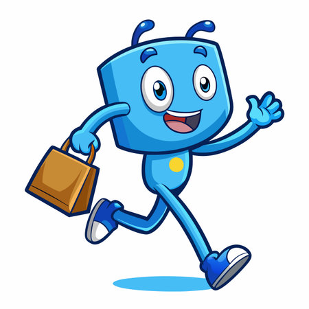 Blue, boxy cartoon character runs with a brown shopping bag, smiling, against a white backgroundのイラスト素材