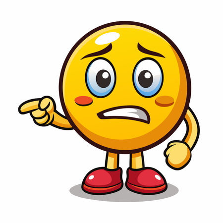 Worried yellow emoji with hands and feet points left; furrowed brow, blush, and big eyes display concernのイラスト素材