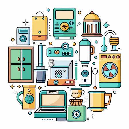 Assorted colorful household items in vector illustration forming circle designのイラスト素材