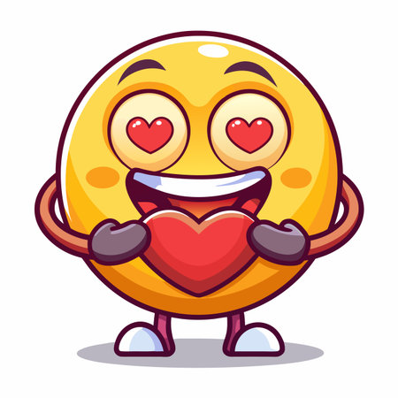 Cartoon emoji with heart eyes holding a red heart. Happy!のイラスト素材