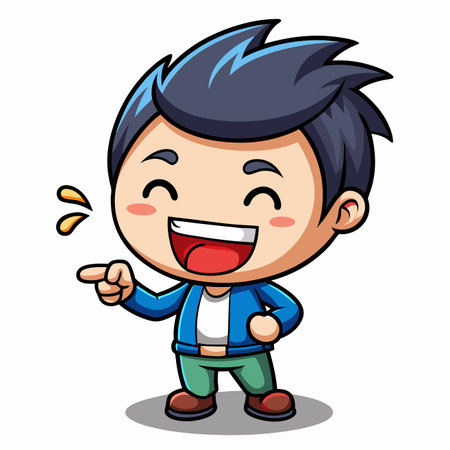 Cheerful cartoon boy laughing, pointing. Joyful character with wide smile and casual clothingのイラスト素材