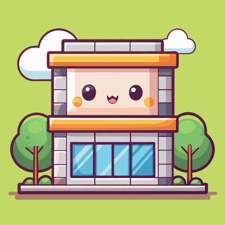 Cute two-story building with kawaii face, flanked by trees, under clouds. Green backgroundのイラスト素材