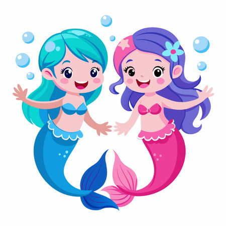 Two cute cartoon mermaids with bubbles, one blue, one pink, smiling and happyのイラスト素材