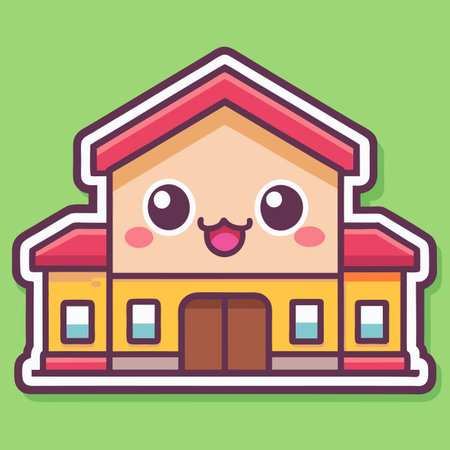 Cute, cartoon building with pink roof, yellow walls, and big, happy eyesのイラスト素材