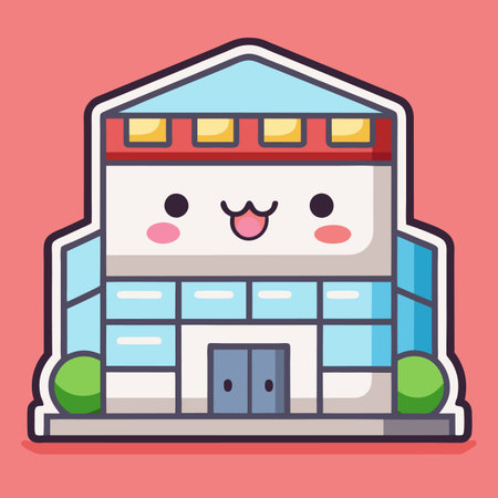 Cute building with a smile. Geometric design, windows, steps, and round bushes. Pink backgroundのイラスト素材
