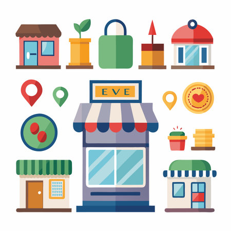 Flat design store elements. Cute shops, plants, locations, and money icons setのイラスト素材