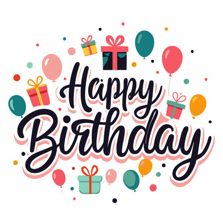 Happy Birthday" text with gifts, balloons, and confetti on white background. Fun and festiveのイラスト素材