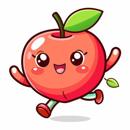 Smiling red apple with a stem, leaves, legs, and arms. Cute!のイラスト素材