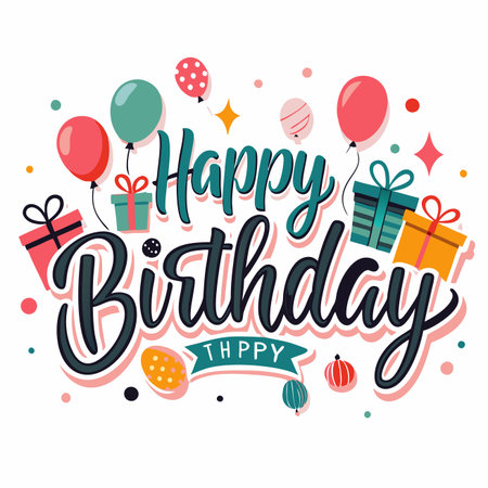 Colorful happy birthday graphic. Balloons, presents, and stars decorate the designのイラスト素材