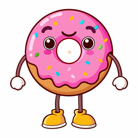 Animated donut character with pink frosting and colorful sprinkles, cartoon styleのイラスト素材