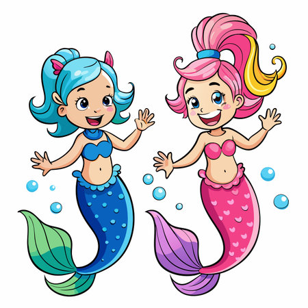 Two colorful cartoon mermaids smiling, waving, and surrounded by bubblesのイラスト素材