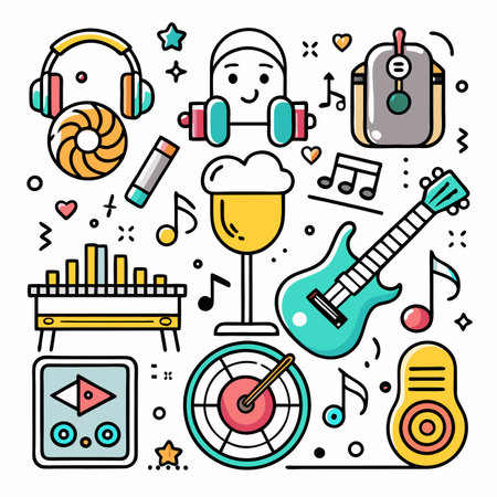 Vibrant assortment of icons, featuring music, leisure, and fun objects in a playful styleのイラスト素材