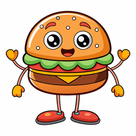 Cartoon burger character with smiling face, arms, and legs. Food illustrationのイラスト素材