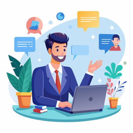 Man in suit works on laptop at desk with plants and chats, vector graphic illustrationのイラスト素材