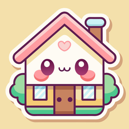 Adorable house sticker with rosy cheeks, heart, and small bushesのイラスト素材