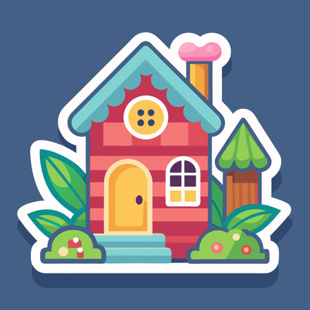 Cute house illustration with striped walls, button window, and garden elementsのイラスト素材