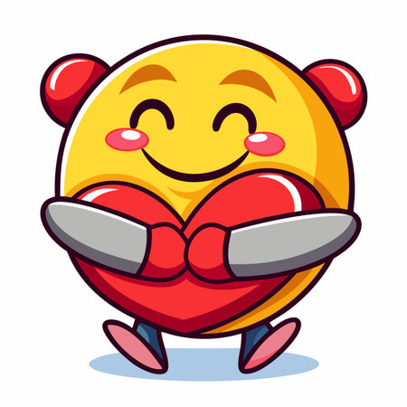 Round, yellow character hugs a big red heart with pink blushのイラスト素材