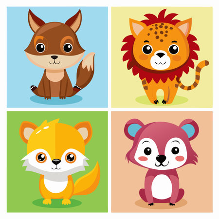 Cartoon animals fox, lion, and bears in colorful square backgrounds, friendly, and playfulのイラスト素材