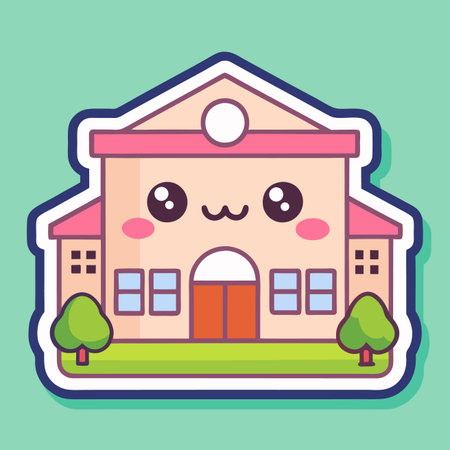 Kawaii school building with pink accents and green lawn, cute vector illustrationのイラスト素材