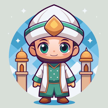 Cartoon character in traditional Muslim attire stands before minaretsのイラスト素材