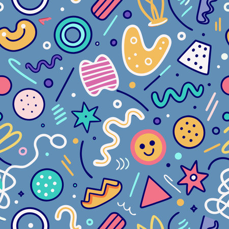 Colorful abstract shapes float on a blue background. Playful, whimsical, random, and fun pattern designのイラスト素材