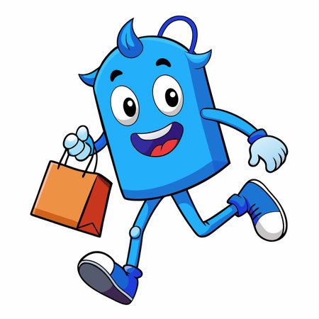 Blue cartoon character running, holding a shopping bag, with a happy smileのイラスト素材
