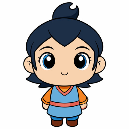 Cartoon chibi character with dark hair, light skin, wearing a blue tunicのイラスト素材