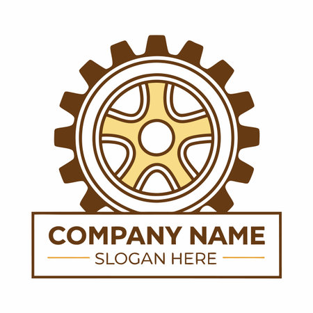 Gear wheel icon with light yellow hub, atop rectangular banner space for company name and sloganのイラスト素材