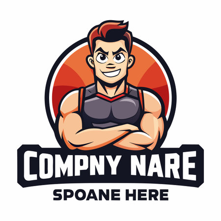 Cartoon fit man with arms crossed, circular backgroundのイラスト素材