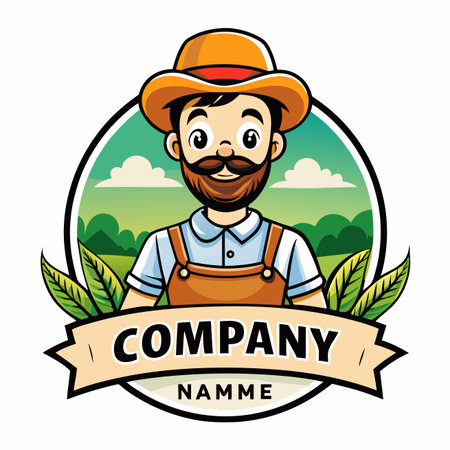Cartoon farmer with hat, beard, and overalls against a nature scene in a circular badgeのイラスト素材