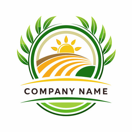 Agricultural fields illustration inside a circular frame with leaves and a shining sunのイラスト素材