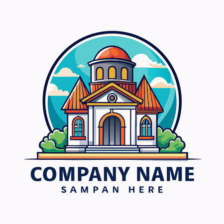 Detailed building illustration. Arched entrance, dome, landscaping, sunny sky. Vector designのイラスト素材