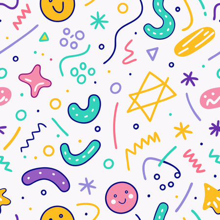 Fun, colorful, cheerful shapes and lines create a playful seamless pattern on a white backgroundのイラスト素材