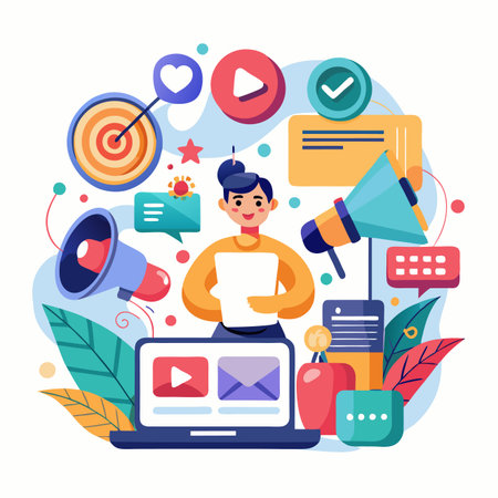 Digital marketing graphic woman surrounded by icons of engagement, video, target, promotionのイラスト素材