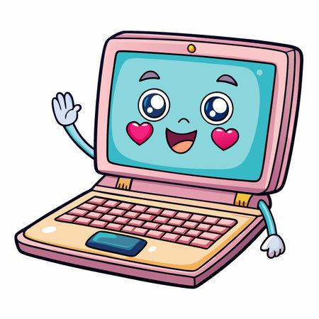 Cute cartoon laptop character with heart cheeks waves hello cheerfullyのイラスト素材