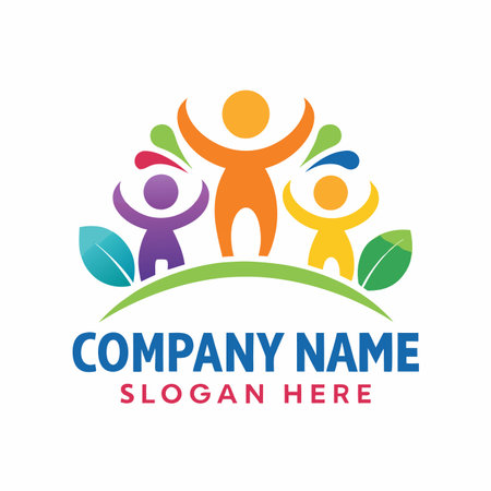 Cheerful figures on green hill with colorful splashes, symbolizes growth and joyのイラスト素材