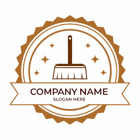 Badge with a broom, sparkles, and banner for textのイラスト素材