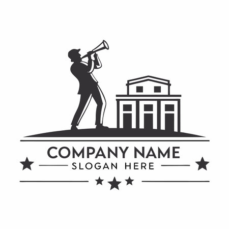 Musician trumpets before building, stylized. Stars enhance presentationのイラスト素材