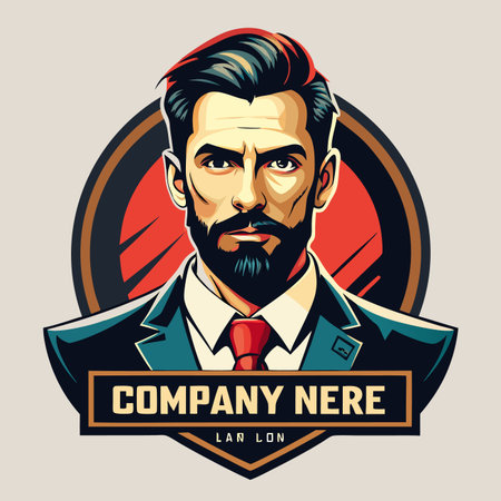 Man in suit, dark beard, styled hair, intense gaze. Circular backdrop. Edgy, modern, shieldのイラスト素材