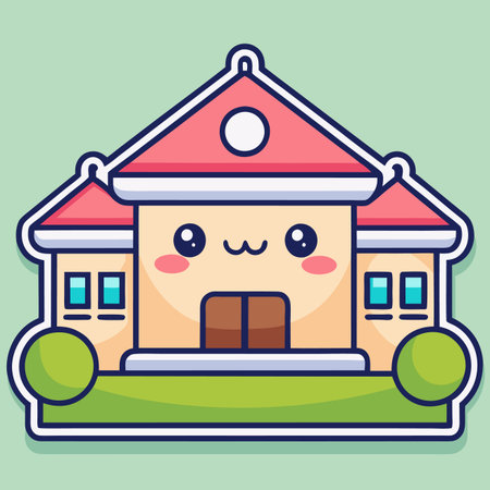 Cartoon schoolhouse with a kawaii face, pink roof, and green lawnのイラスト素材