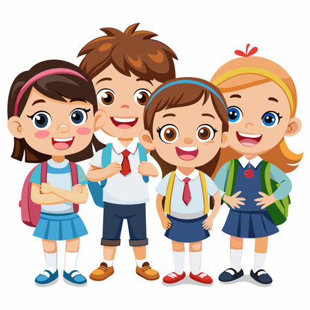 Smiling cartoon kids in school uniforms with backpacks, eager for learning and friendshipのイラスト素材