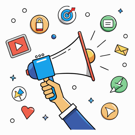 Hand holding megaphone with digital icons, communicating a messageのイラスト素材