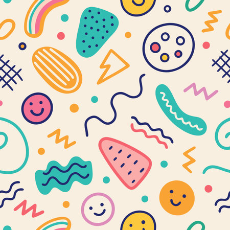 Playful Abstract shapes and smiling faces create a whimsical, seamless pattern on a beige backgroundのイラスト素材