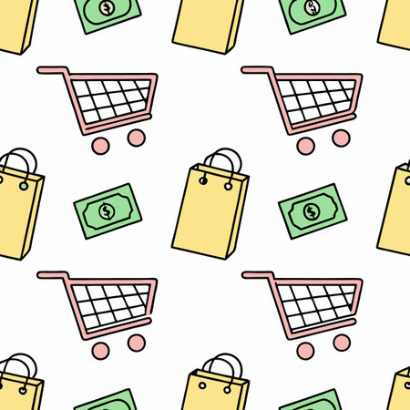 Repeat pattern shopping carts, bags, money, on whiteのイラスト素材