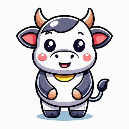 Cute, cartoon cow with a gentle smile and small horns, standing cheerfullyのイラスト素材