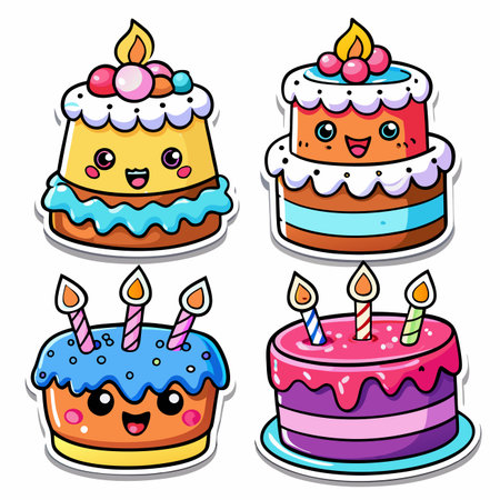 Cute cartoon cakes with happy faces and candles in bright colorsのイラスト素材