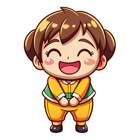 Joyful young girl with smiling face, wearing yellow, hands clasped at frontのイラスト素材