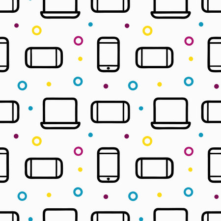 Tech pattern phones, consoles, laptops with colored dots. Seamless and repeating designのイラスト素材