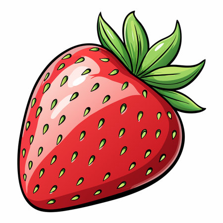 Glossy red strawberry with green leaves and seeds, illustration. Isolatedのイラスト素材